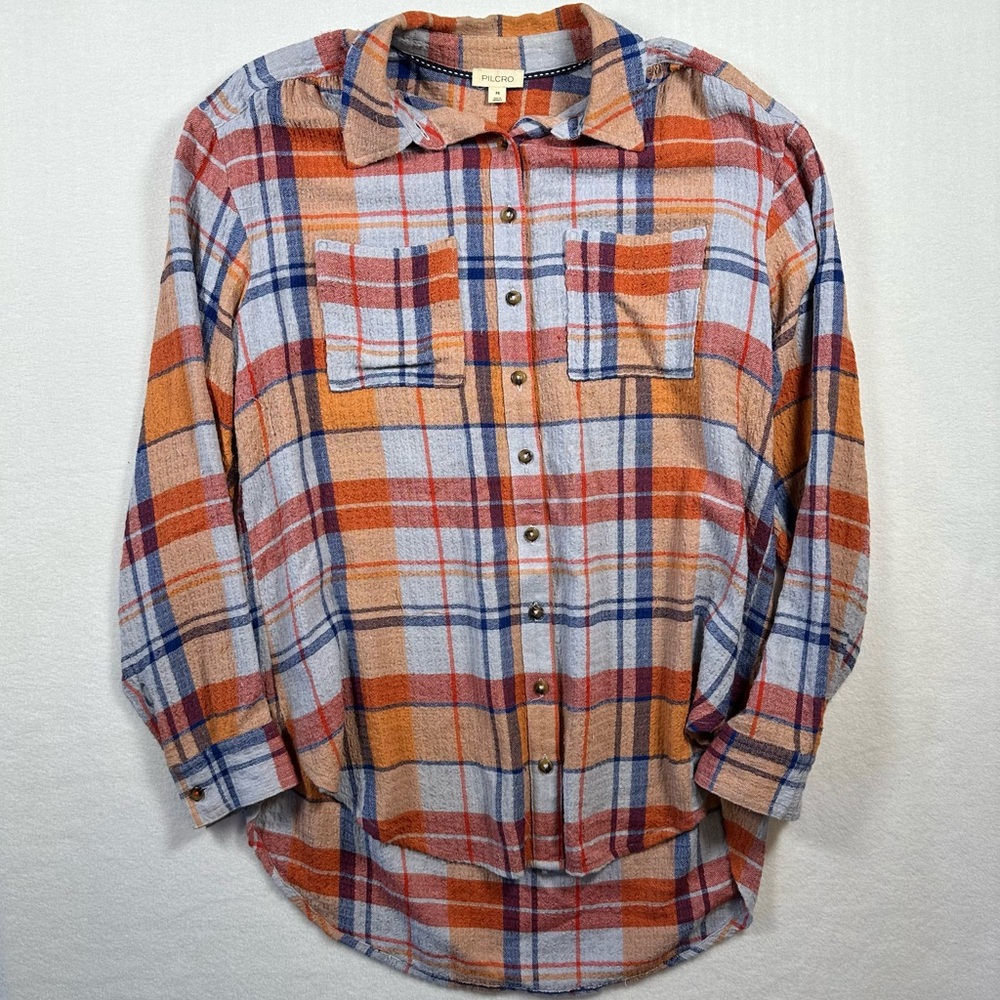 Pilcro‎ Anthropology Oversized Flannel Shirt Orange Blue Button Down Size XS